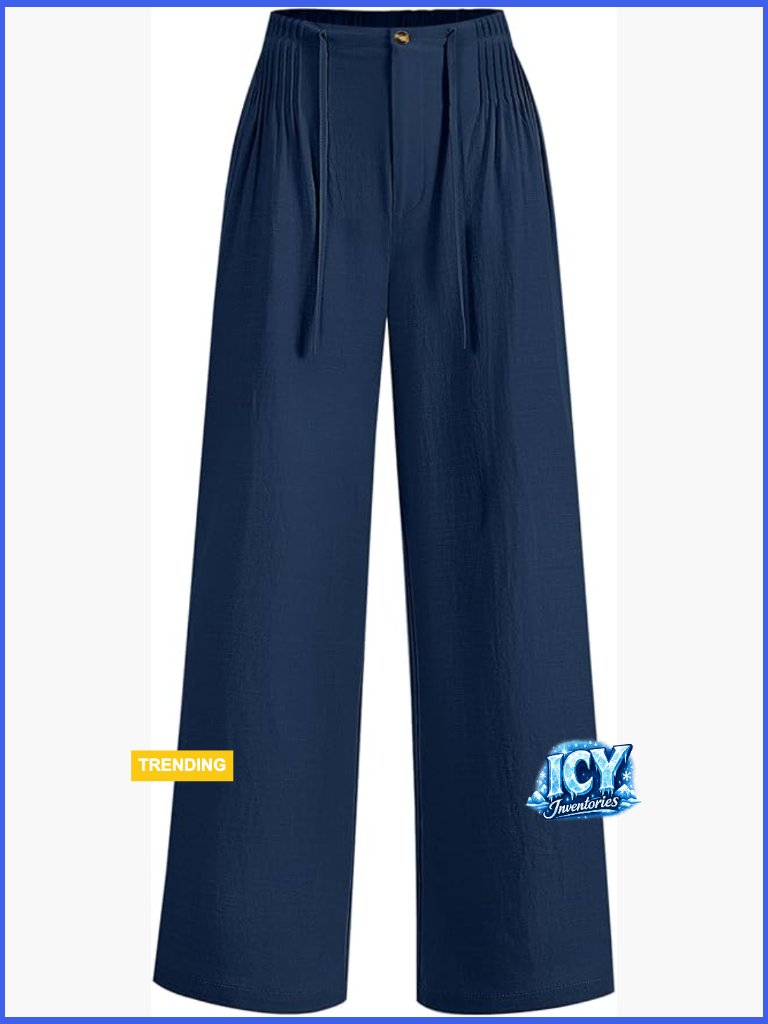 Linen Wide Leg Pants Drawstring Elastic Waist Casual Slacks Work Trousers With